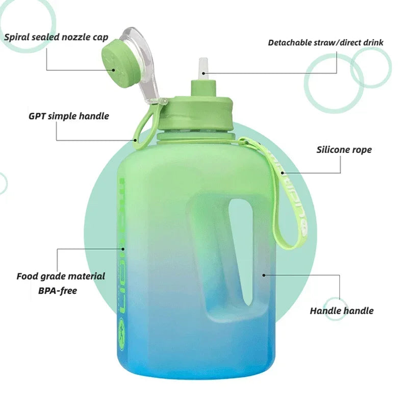 1 peça 2L Canudo Esportivo Grande Capacidade Fitness Com Canudo Plástico Portátil Garrafa de Água Ao Ar Livre Com Escala Chaleira Gradiente