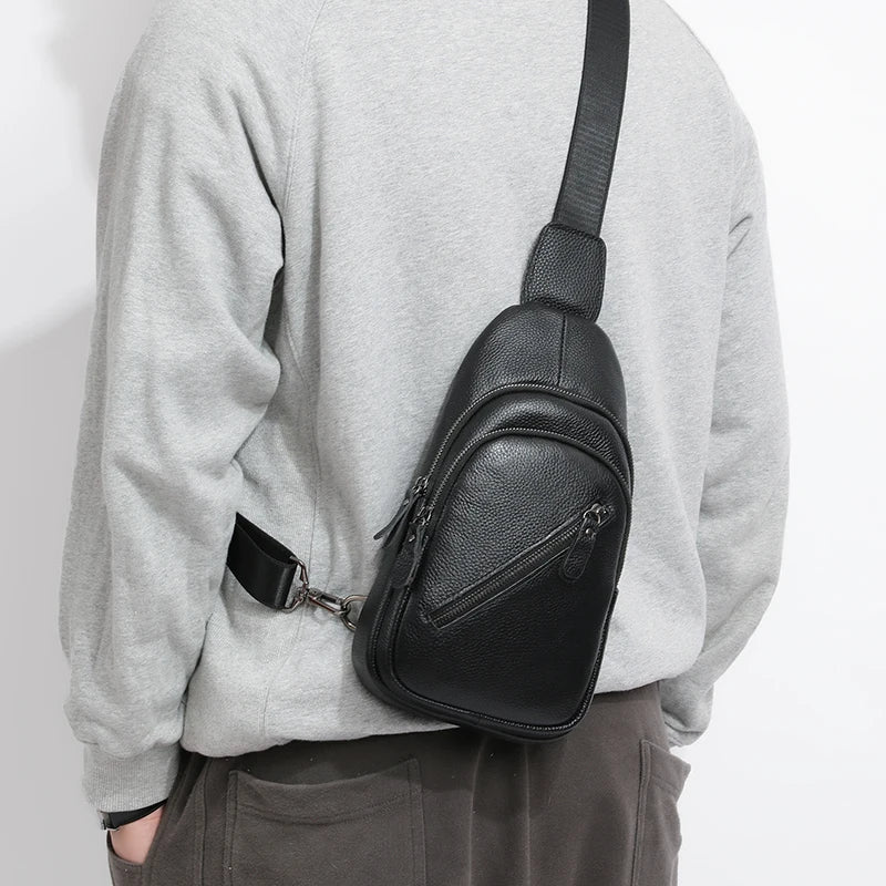Bolsa de peito masculina 100% couro legítimo, bolsa de ombro masculina, bolsa mensageiro, bolsa transversal casual, bolsa de mão da moda masculina