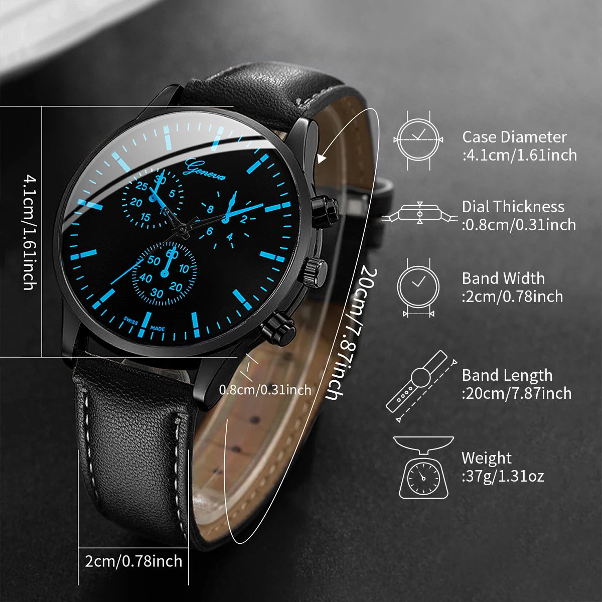 Conjunto de 3 relógios masculinos de negócios, casual, pulseira de couro, analógico, quartzo, colar, pulseira