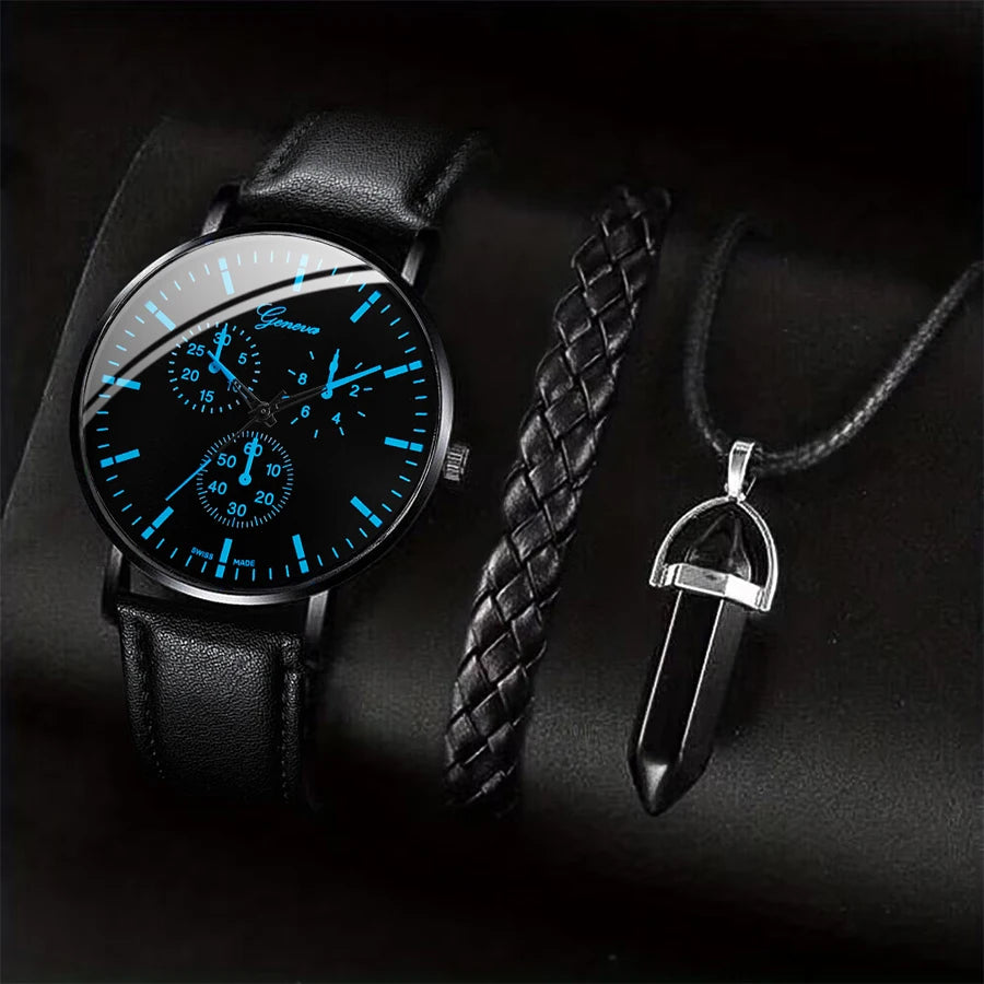 Conjunto de 3 relógios masculinos de negócios, casual, pulseira de couro, analógico, quartzo, colar, pulseira