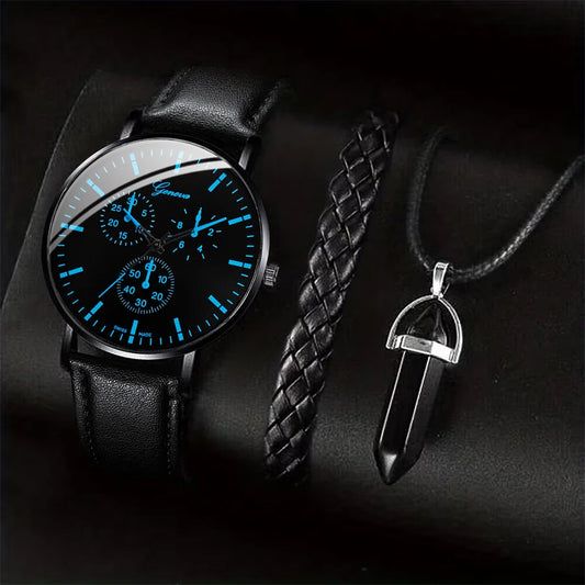 Conjunto de 3 relógios masculinos de negócios, casual, pulseira de couro, analógico, quartzo, colar, pulseira