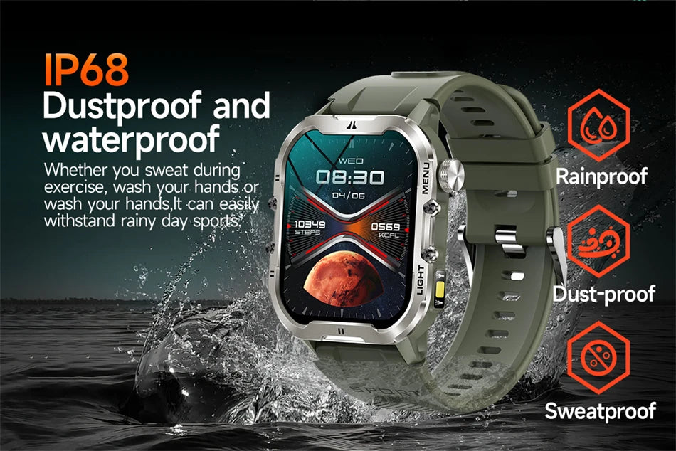 Novo relógio inteligente militar Xiaomi 2024 para homens, esportes ao ar livre, lanterna, fitness, monitor de saúde, 1,96" BT Call Smartwatch