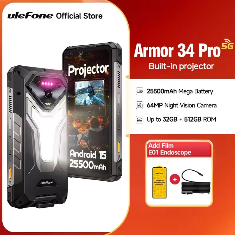 Ulefone Armor 34 Pro 5G, telefone robusto com IA, 32 GB + 512 GB, 25.500 mAh, 6,95" com projetor integrado, 120 Hz, Android 15, MTK 7300, NFC