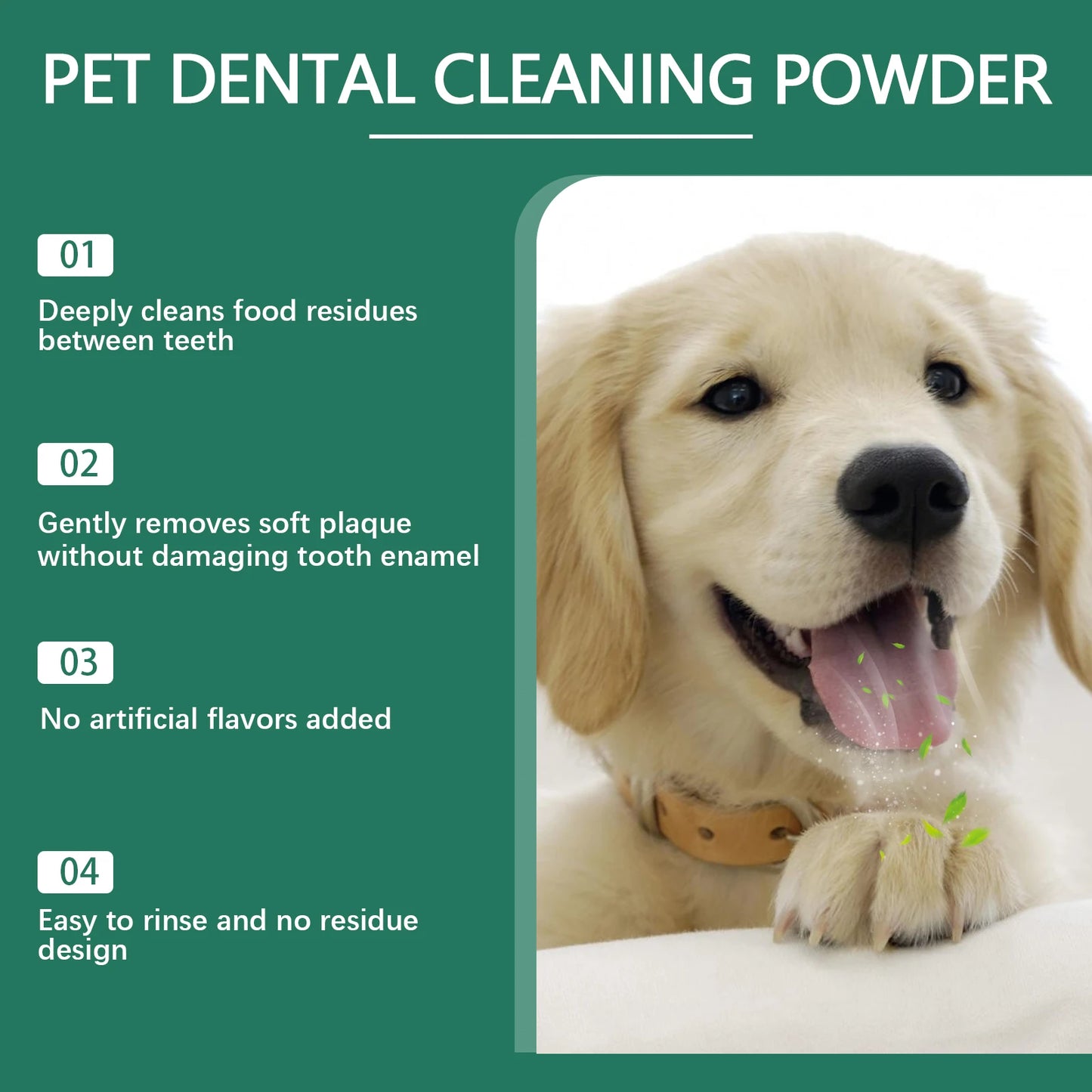 Pó de limpeza para dentes de animais de estimação para cães, reduz tártaro e cálculo, protege a saúde da gengiva do cão e refresca o hálito. Produtos de limpeza para cães