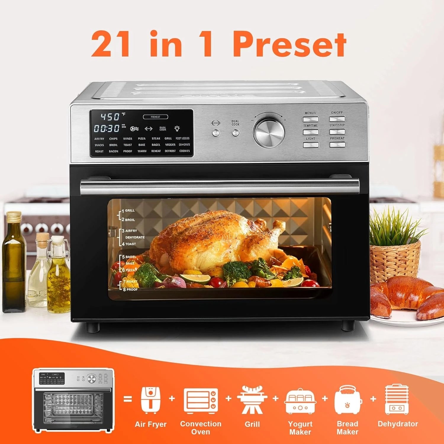 32QT Extra Large Air Fryer Toaster Oven Combo, 21-in-1 Countertop Convection Toaster Oven with Rotisserie and Dehydrate
