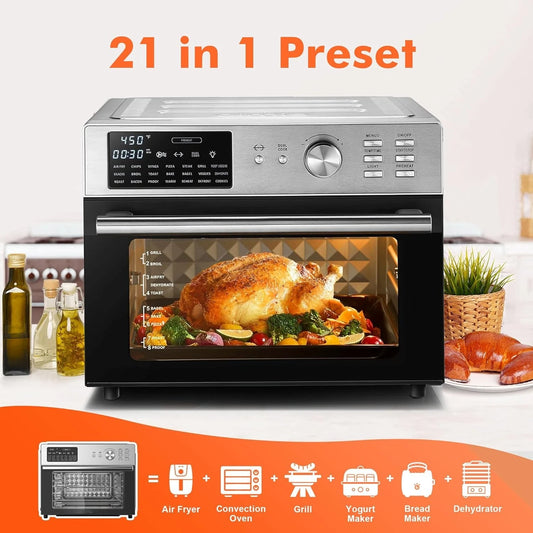 Combinação de forno e torradeira com fritadeira a ar extra grande de 32 QT, forno e torradeira de convecção de bancada 21 em 1 com espeto giratório e desidratador