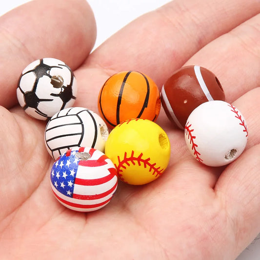 10 peças de contas espaçadoras de beisebol de basquete de 16 mm, bolas redondas de madeira para fazer pulseiras e colares, suprimentos para joias faça você mesmo