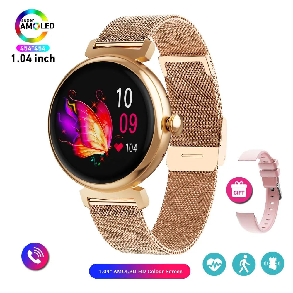 Relógio inteligente feminino moderno com tela AMOLED de 1,04 polegadas, tela sempre exibida, chamada Bluetooth, corpo de metal, tela pequena