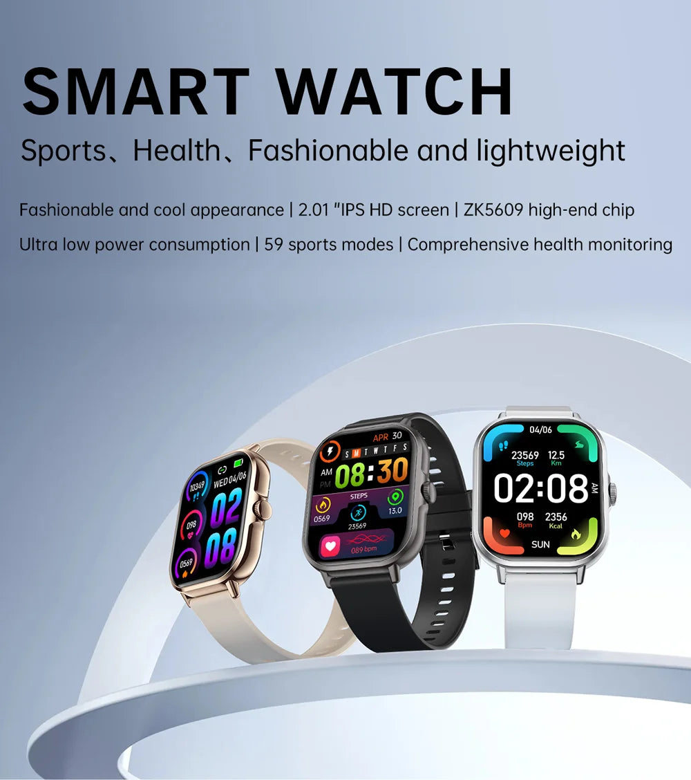 Relógio inteligente 2025 2.01'' Bluetooth com chamada, reprodução de música, relógio fitness esportivo à prova d'água para homens e mulheres, iPhone e Android