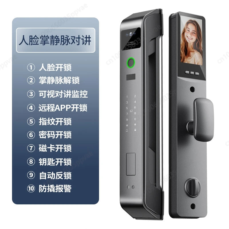 Fechadura de porta inteligente com reconhecimento facial 3D, anti-arrombamento e anti-arrombamento, totalmente automática, trava de impressão digital com senha, interfone, fechadura de porta inteligente