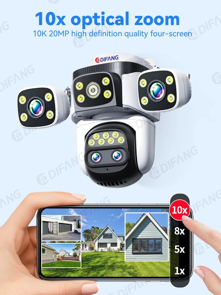 Câmera de segurança externa 10K WiFi6 com três telas, 20MP CCTV, câmera IP externa com zoom de 10X, 8K e 15MP, câmera de vigilância por vídeo