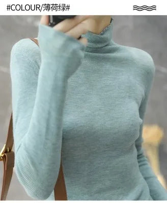 Novo suéter de caxemira feminino outono/inverno 2023, gola alta, suéter ultrafino de lã com pelo