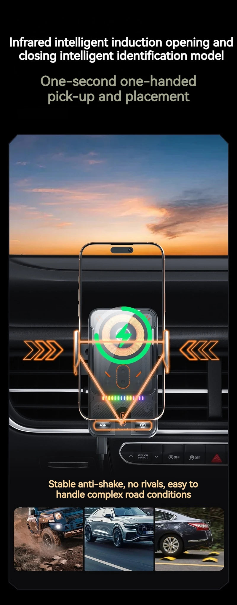 2025 Novo F18 Suporte para Carregador Sem Fio de Carro com Detecção Automática Telescópico Elétrico Rotação de 90° Luz Ambiente Universal para Carros/Celulares