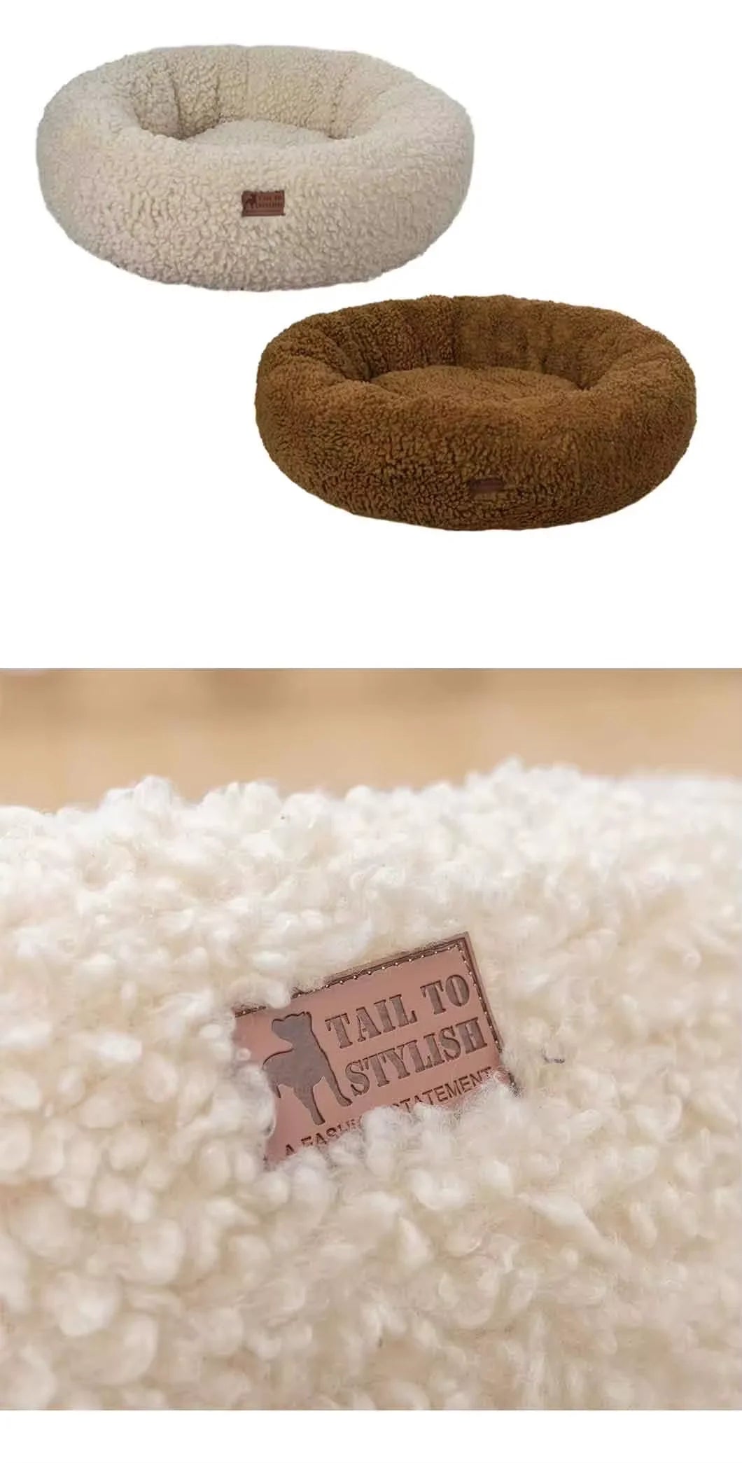 Fabricante atacadista de pelúcia macia de lã de luxo para animais de estimação, almofada redonda, donut, cama calmante para cães e gatos, canil