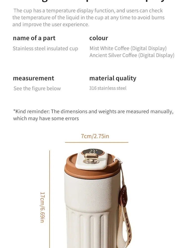 Garrafa térmica de 450 ml com display inteligente de temperatura, copo a vácuo de aço inoxidável 316, caneca térmica portátil para escritório e negócios