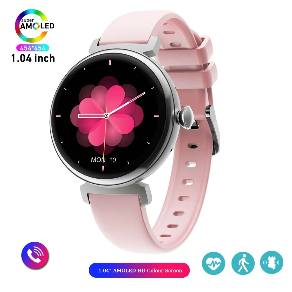Relógio inteligente feminino moderno com tela AMOLED de 1,04 polegadas, tela sempre exibida, chamada Bluetooth, corpo de metal, tela pequena