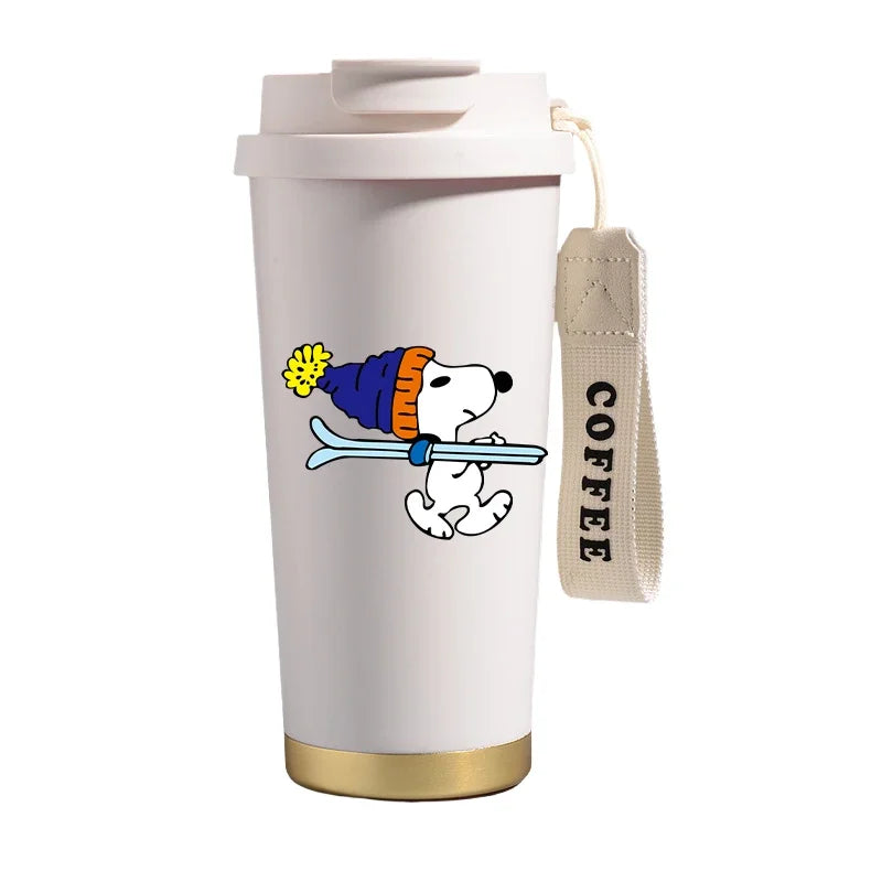 Garrafa térmica de aço inoxidável Snoopys 500ml, anime Kawaii, portátil, viagem, ar livre, carro, chá, café, caneca térmica fria