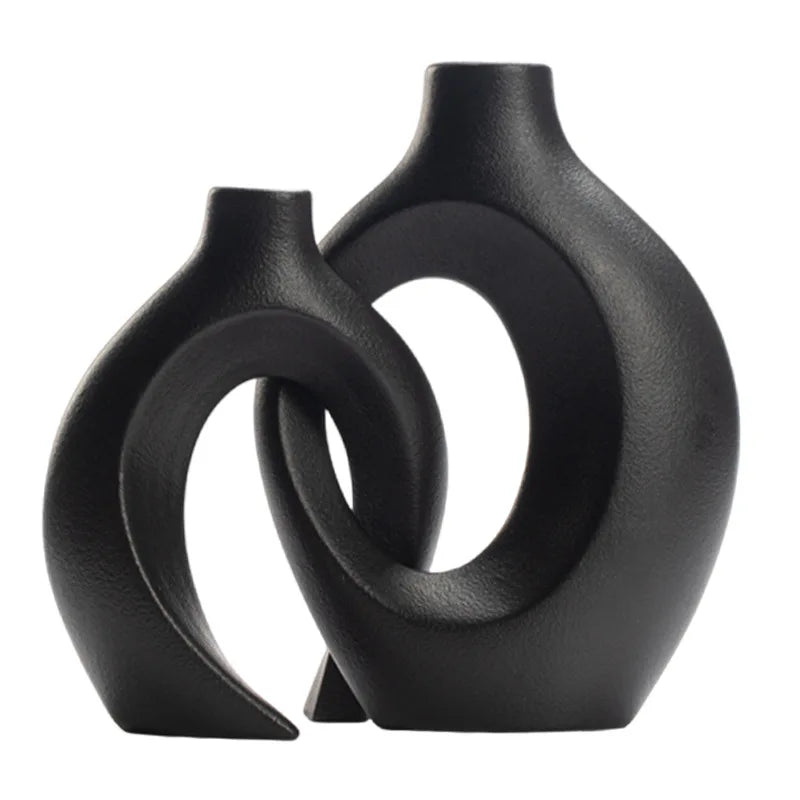 Vaso de cerâmica vazado, 2 para decoração moderna de casa, vaso estilo donut boho, vaso decorativo minimalista preto e branco