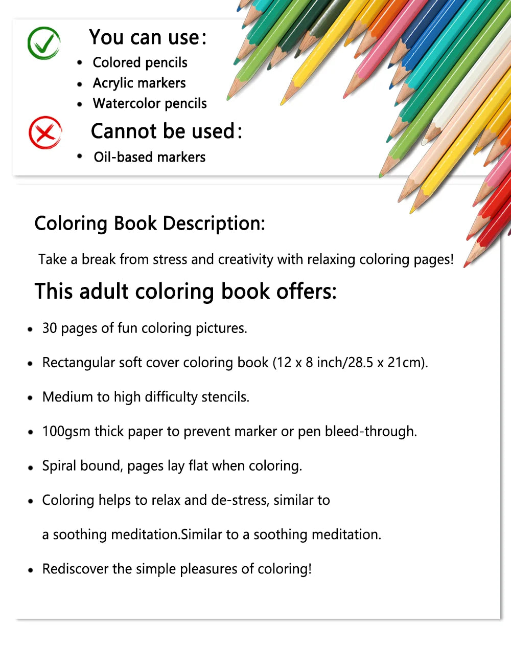 Livro de colorir em espiral - 30 folhas, livro de colorir para adultos, 11,3 x 8,3 polegadas, papel grosso de 100 g, livro de desenho, presente de boas-vindas para o feriado