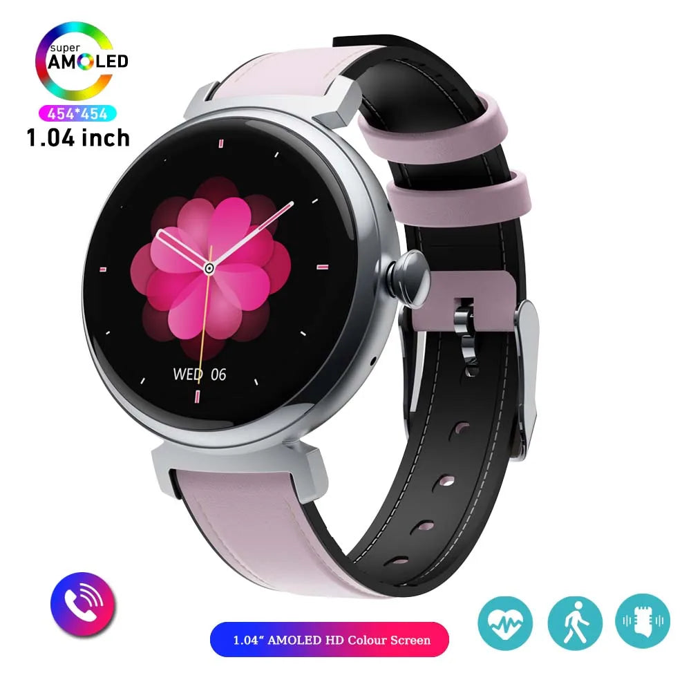 Relógio inteligente feminino moderno com tela AMOLED de 1,04 polegadas, tela sempre exibida, chamada Bluetooth, corpo de metal, tela pequena