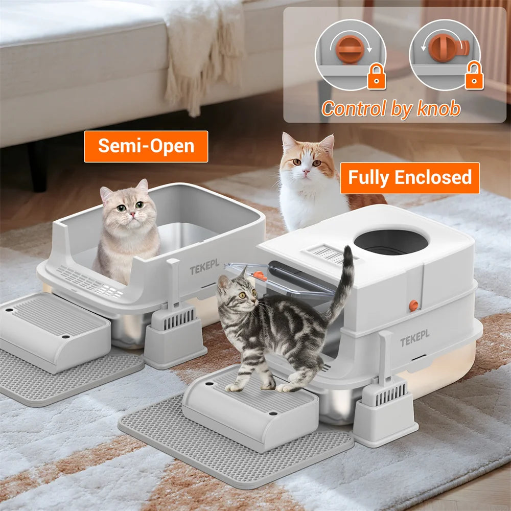 Caixa de areia para gatos de aço inoxidável com tampa, caixa de areia de metal extra grande para gatos grandes, com laterais altas e pá, fácil de limpar