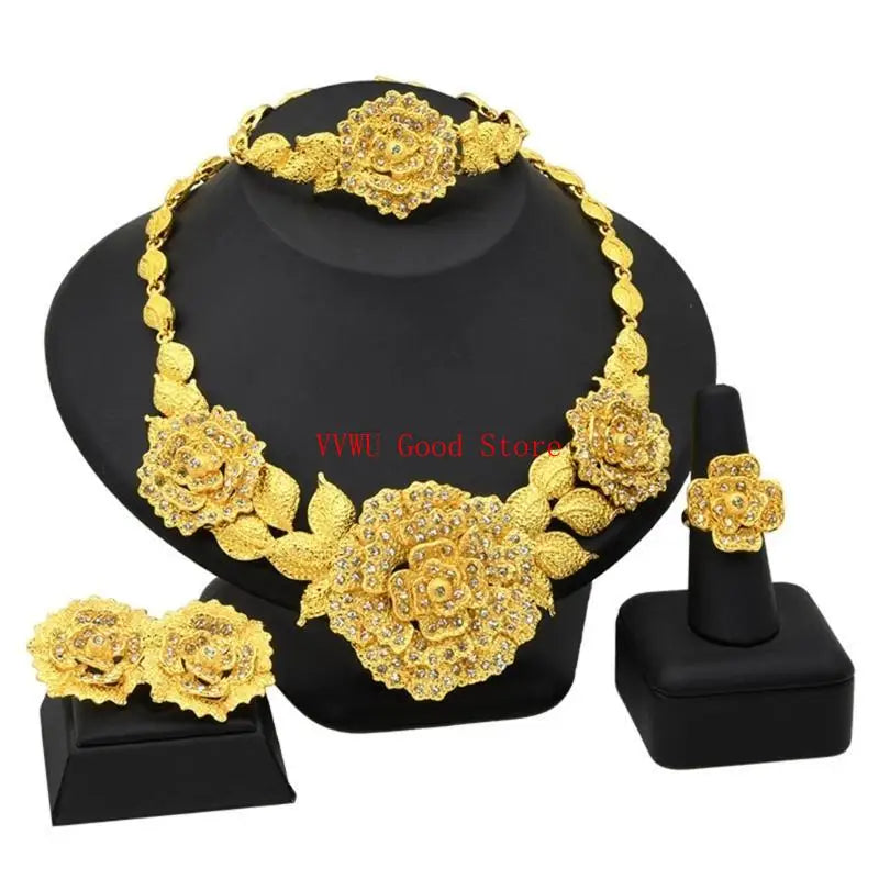 Conjunto de joias florais com strass dourados resistentes, acessório de moda portátil para noivas e festas noturnas