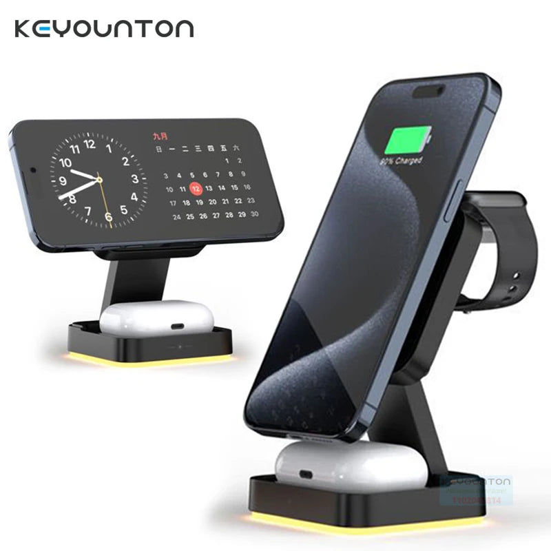Suporte magnético dobrável 3 em 1 para carregador sem fio para iPhone 16, 15, 14, 13, 12, iWatch 9, AirPods 3 e 2, suporte para estação de carregamento rápido