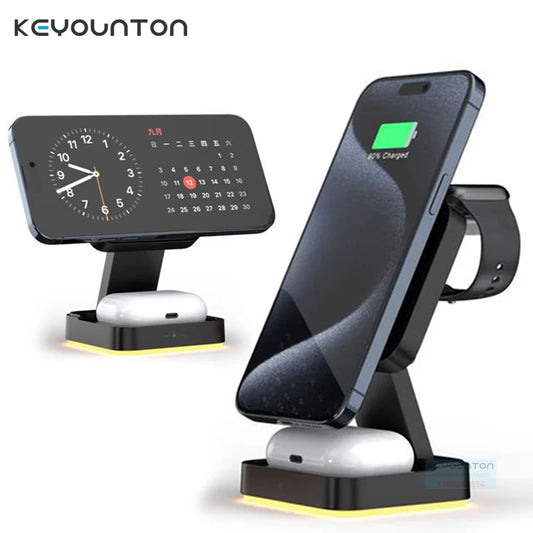 Suporte magnético dobrável 3 em 1 para carregador sem fio para iPhone 16, 15, 14, 13, 12, iWatch 9, AirPods 3 e 2, suporte para estação de carregamento rápido