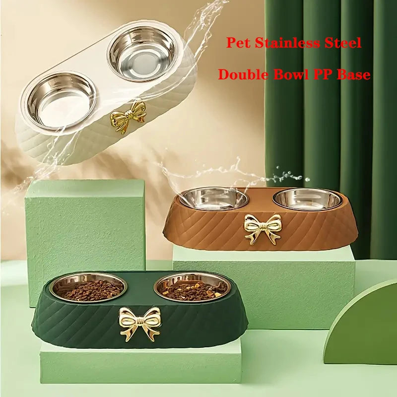 Tigela de comida para gatos com laço e laço para animais de estimação, tigela de PP com base para cães, tigela dupla de aço inoxidável, acessórios para animais de estimação, tigela dupla para alimentação e bebida