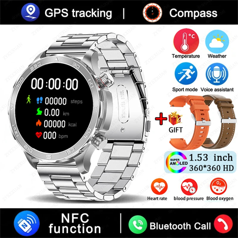 Novo relógio inteligente masculino com GPS e Bluetooth, tela AMOLED HD, frequência cardíaca, NFC, IP68, à prova d'água, esportivo, para Android e iOS, 2025