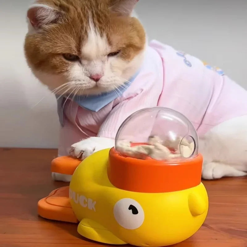 Distribuidor interativo de petiscos para gatos em formato de pato amarelo, quebra-cabeça de plástico durável, alimentador lento, brinquedo de treinamento para cães para entretenimento