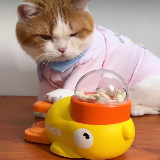 Distribuidor interativo de petiscos para gatos em formato de pato amarelo, quebra-cabeça de plástico durável, alimentador lento, brinquedo de treinamento para cães para entretenimento