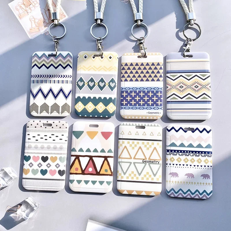 Capa para cartão de identidade estudantil com alça de pescoço, bolsa geométrica feminina masculina, crachá de trabalho, ônibus, porta-cartão de crédito, bolsas com cordão