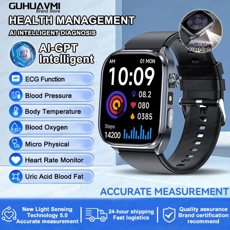 Novo relógio inteligente masculino 2025, pressão arterial, saúde, oxigênio no sangue, ácido úrico, lipídios, rastreador de fitness, relógios Bluetooth, chamada, ECG, smartwatch