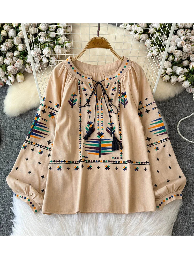 Blusa feminina de outono temperamento elegante vintage camisa bordada 2024 novo estilo boêmio férias top solto BL026
