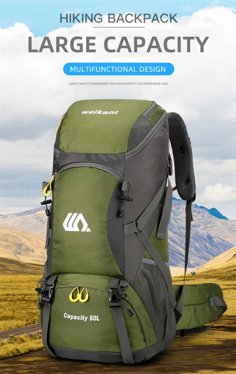 Mochila de viagem 50L para acampamento, masculina, grande, para trilhas, mochila turística, à prova d'água, para esportes ao ar livre, escalada, montanhismo, bagagem