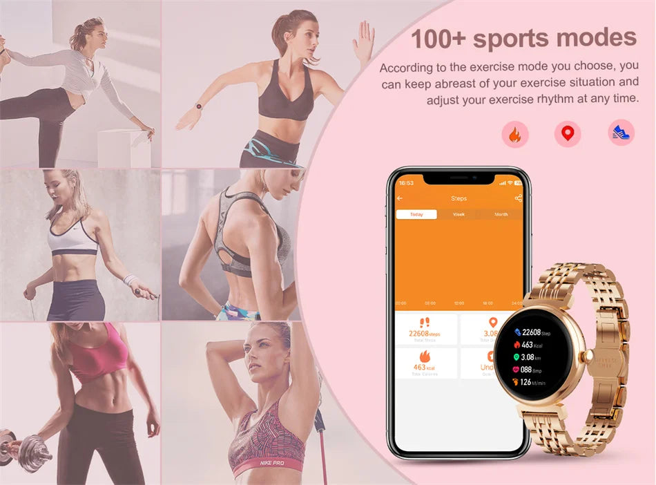 Relógio inteligente feminino moderno com tela AMOLED de 1,04 polegadas, tela sempre exibida, chamada Bluetooth, corpo de metal, tela pequena