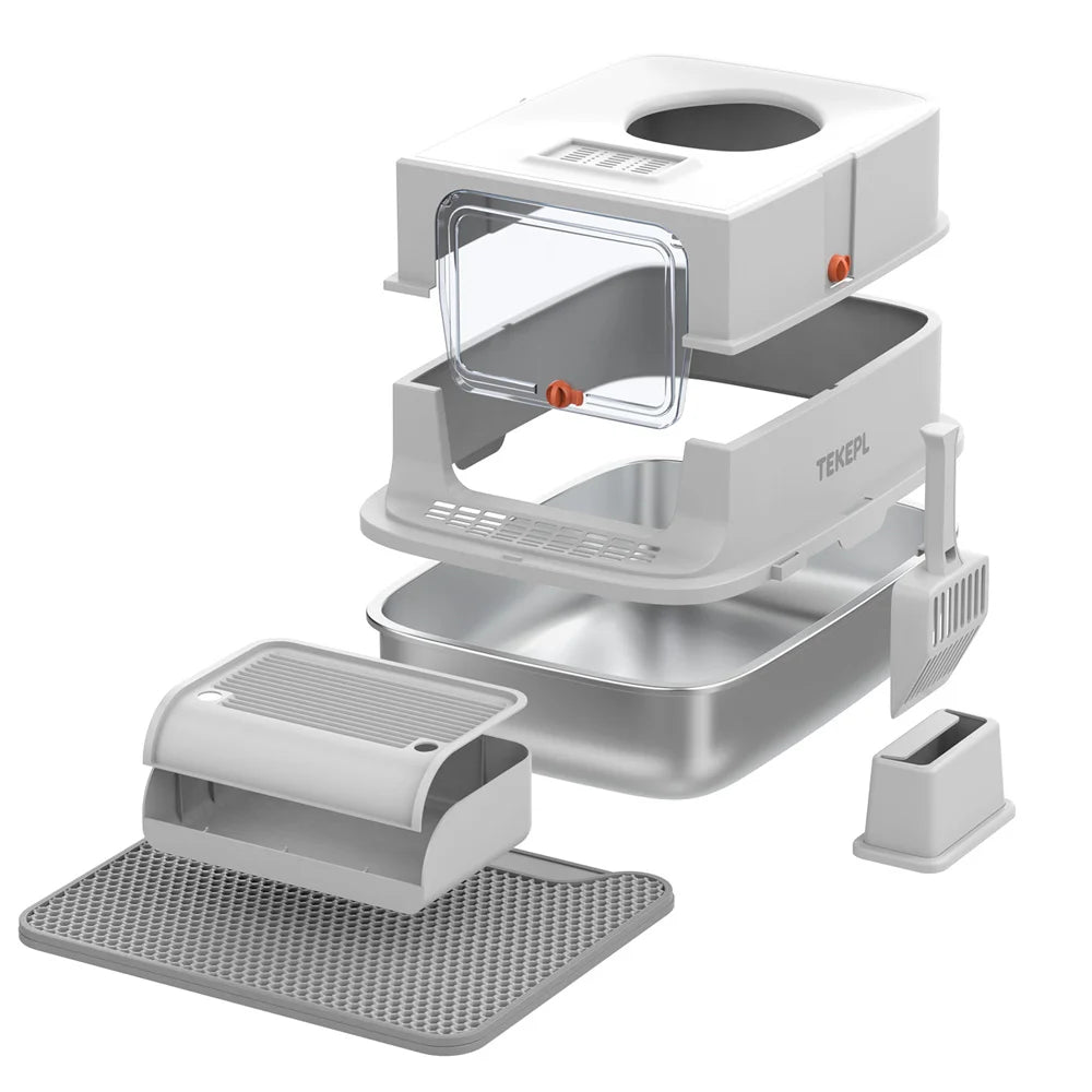 Caixa de areia para gatos de aço inoxidável com tampa, caixa de areia de metal extra grande para gatos grandes, com laterais altas e pá, fácil de limpar