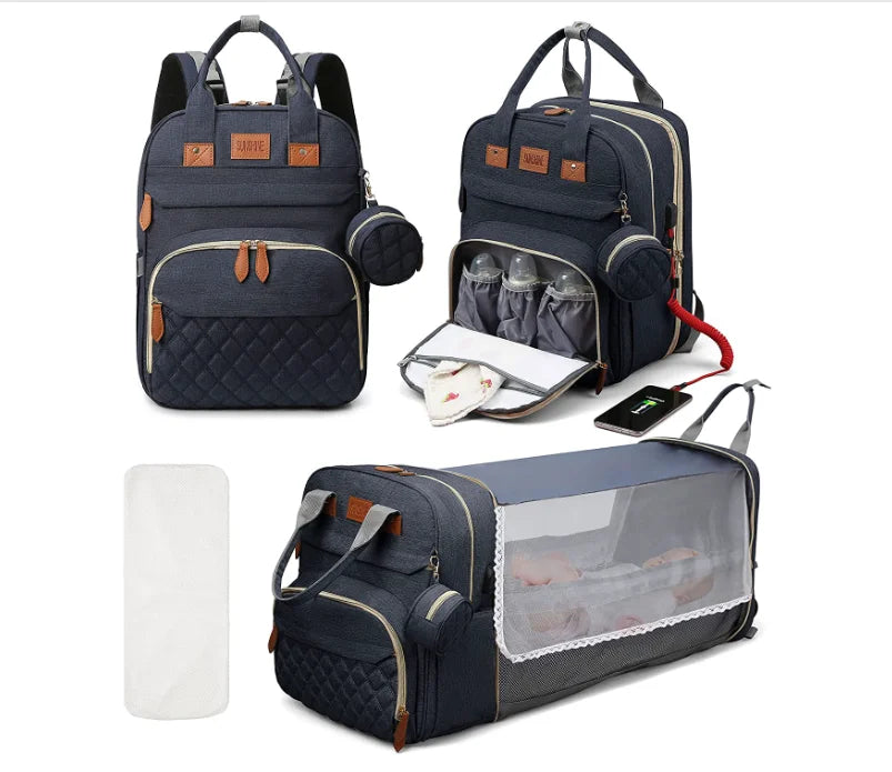 Mochila para fraldas 3 em 1, dobrável, para berço de bebê, à prova d'água, com carregador USB, mochila para fraldas e trocador, 3 tipos