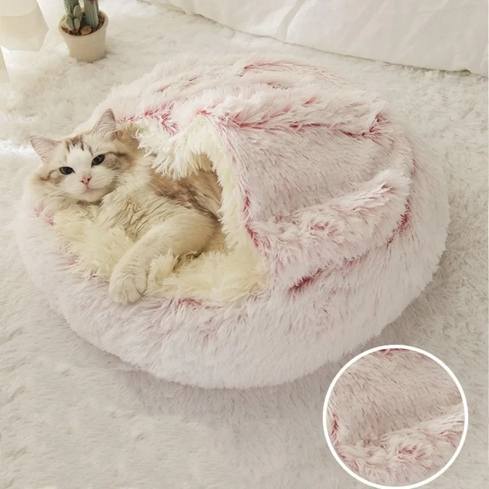 Cama de pelúcia longa e macia para animais de estimação, fechada, redonda, almofada para gatos, confortável, saco de dormir, ninho para gatos, canil para pequenos animais de estimação