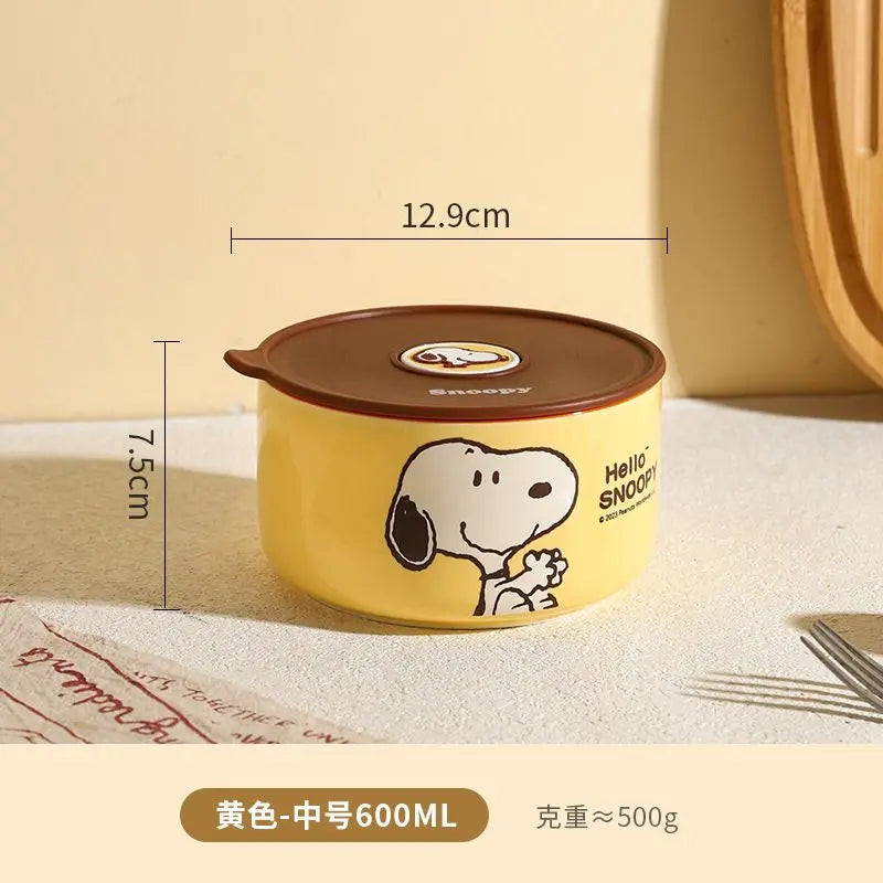Tigela de segurança periférica de desenho animado do Snoopy, caixa de cerâmica selada com tampa, pode ser levada ao micro-ondas e portátil para trabalhadores de escritório