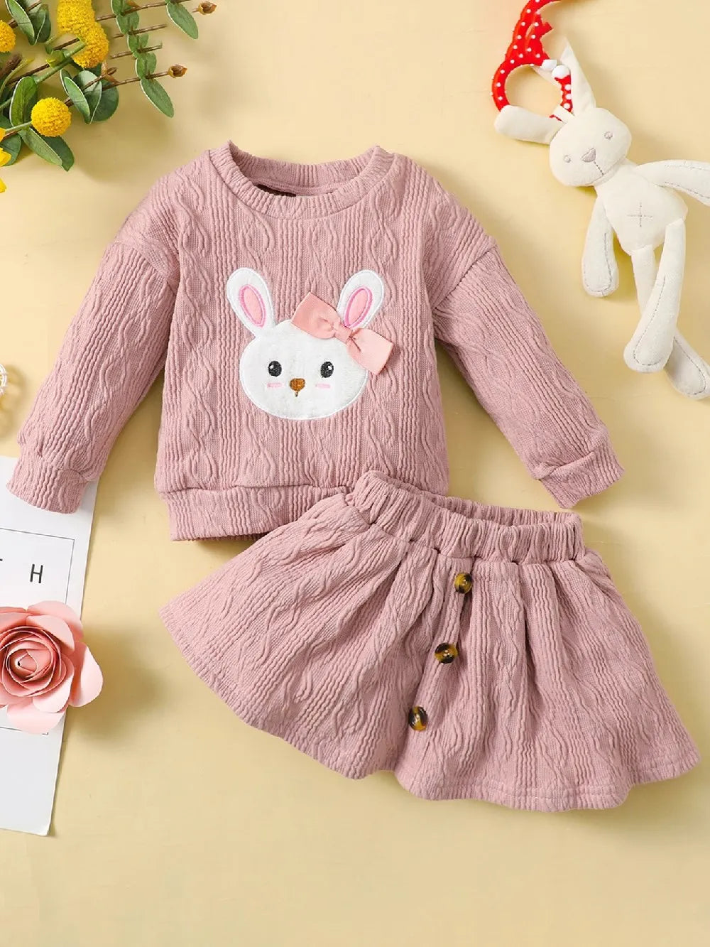Conjunto de 2 peças de roupas fofas para recém-nascidos, outono e inverno, coelho adorável, suéter de manga comprida + saia, roupa quente de ano novo, 3 a 24 meses