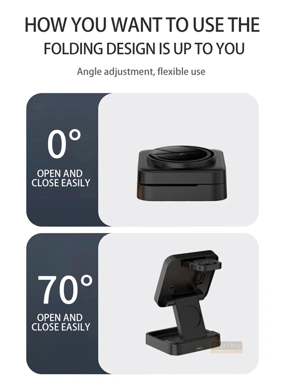 Suporte magnético dobrável 3 em 1 para carregador sem fio para iPhone 16, 15, 14, 13, 12, iWatch 9, AirPods 3 e 2, suporte para estação de carregamento rápido