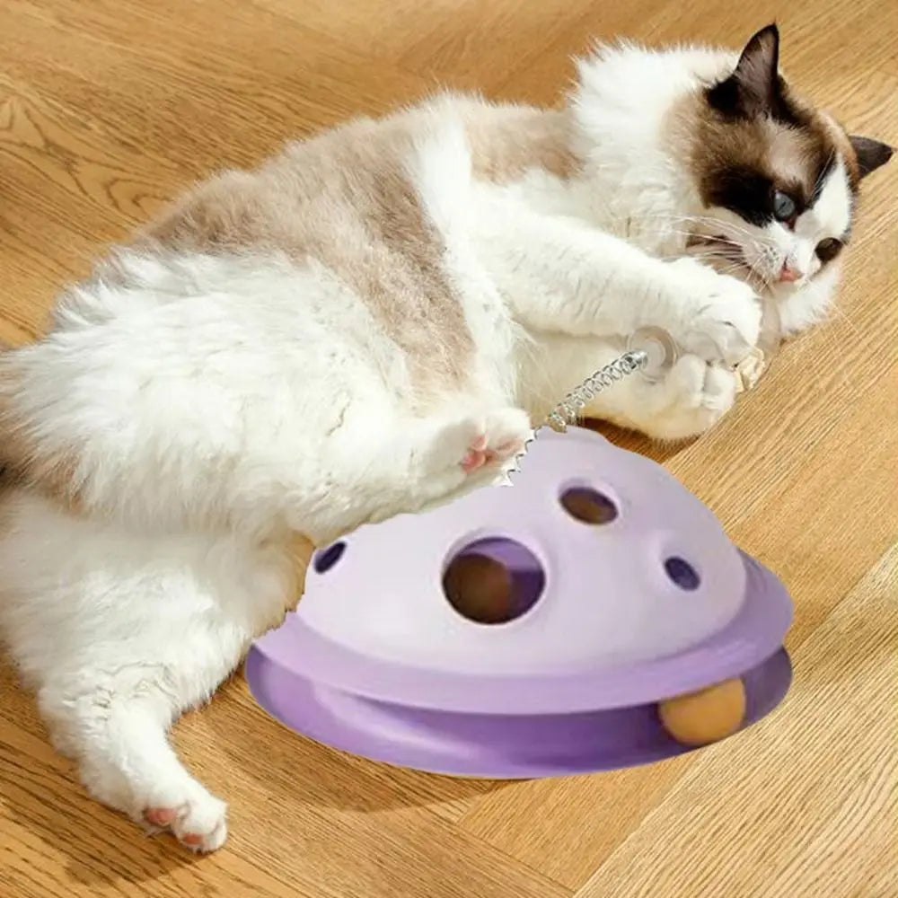 Bola de comida de plástico para gatos, brinquedo interativo com haste de mola, bola de brinquedo giratória destacável para gatos