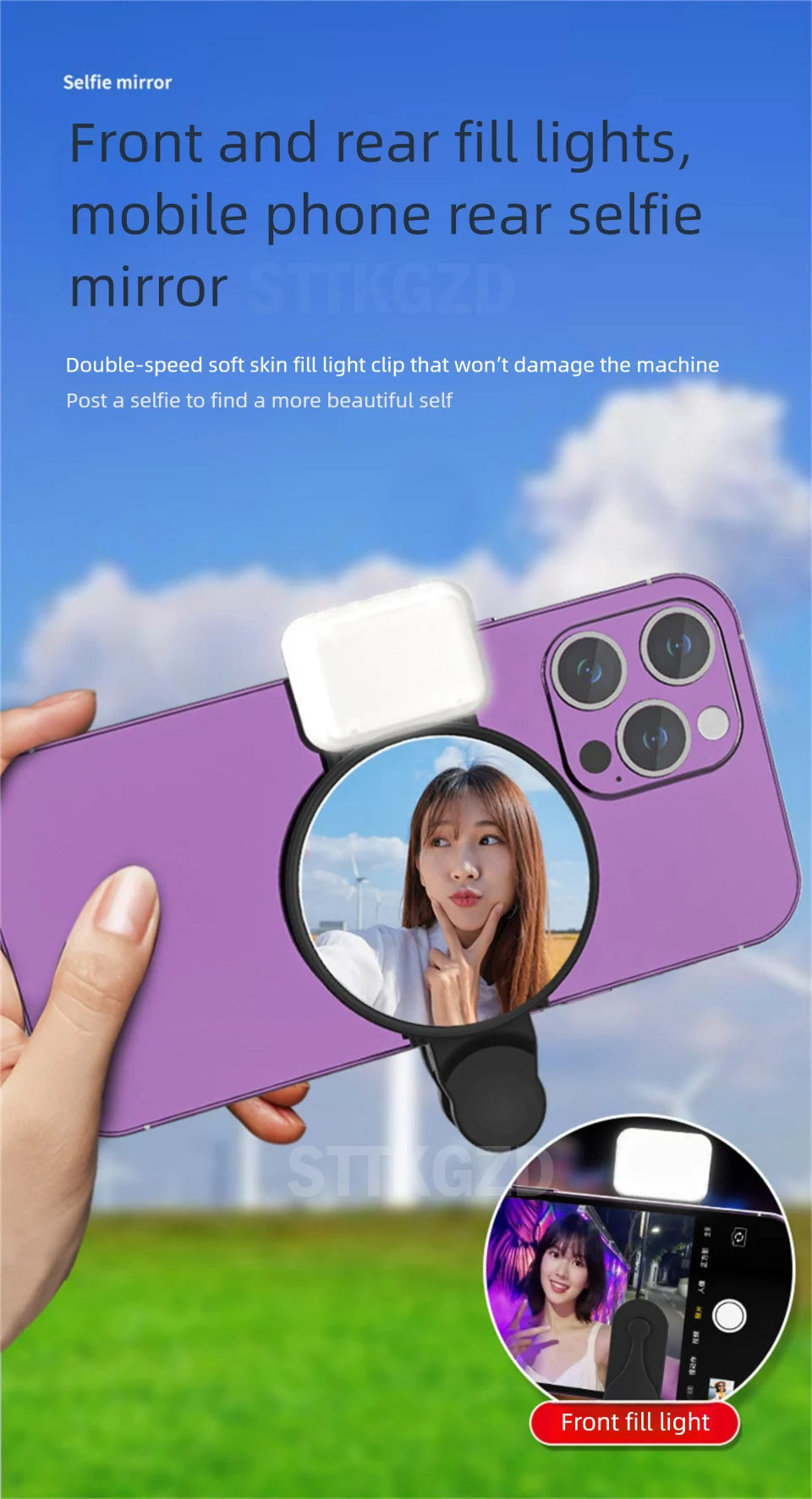 STTKGZD Selfie Refletor Espelho Kit de Luz de Preenchimento para Celular Portátil Espelho Móvel Clipe Bolsa de Armazenamento Câmera Traseira para Celular