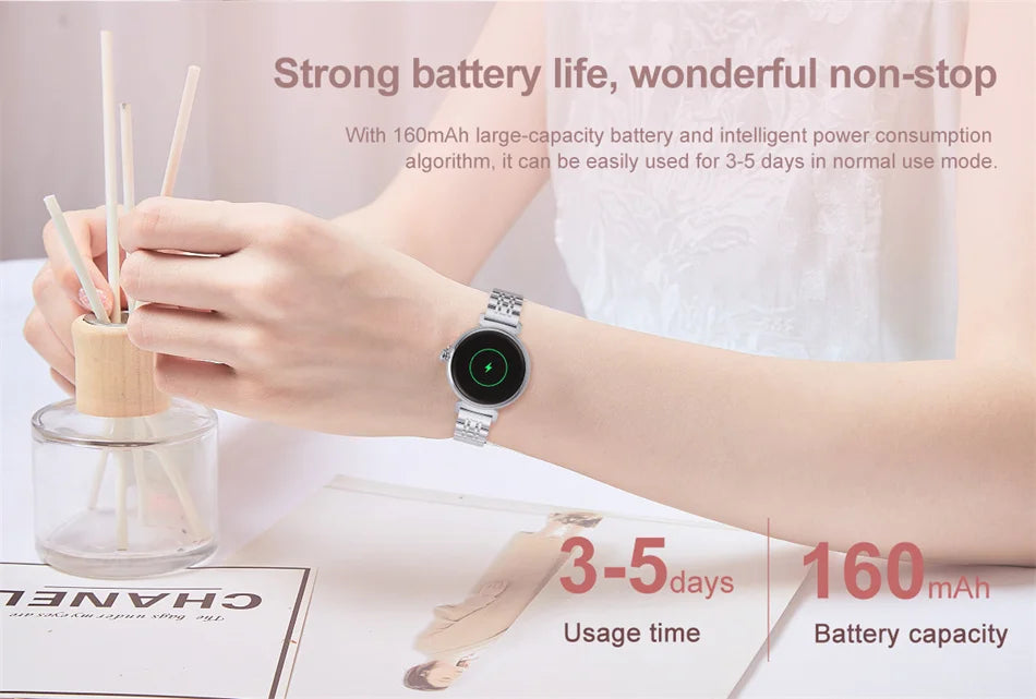 Relógio inteligente feminino moderno com tela AMOLED de 1,04 polegadas, tela sempre exibida, chamada Bluetooth, corpo de metal, tela pequena