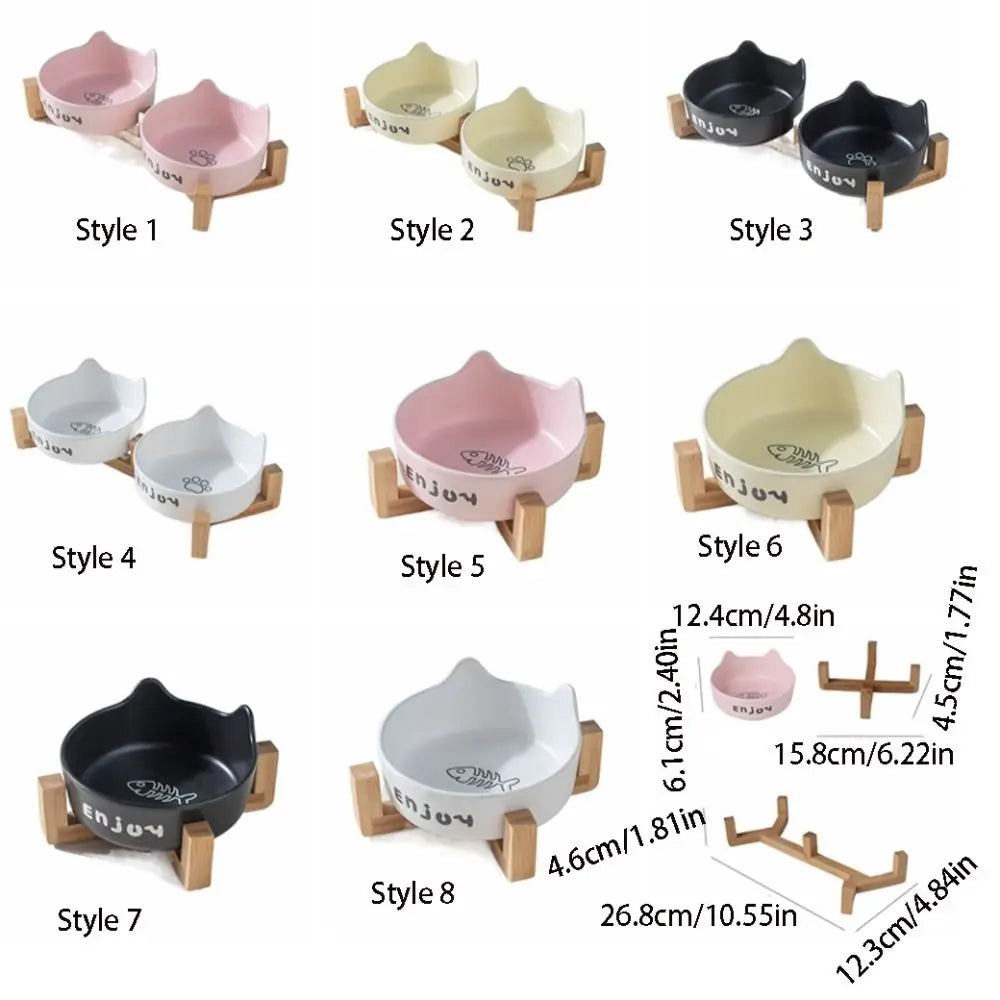 Tigela de cerâmica para animais de estimação, tigela fofa simples/dupla, bacia de alimentação para cães, grande capacidade com suporte, alimentador para animais de estimação, proteção para o pescoço