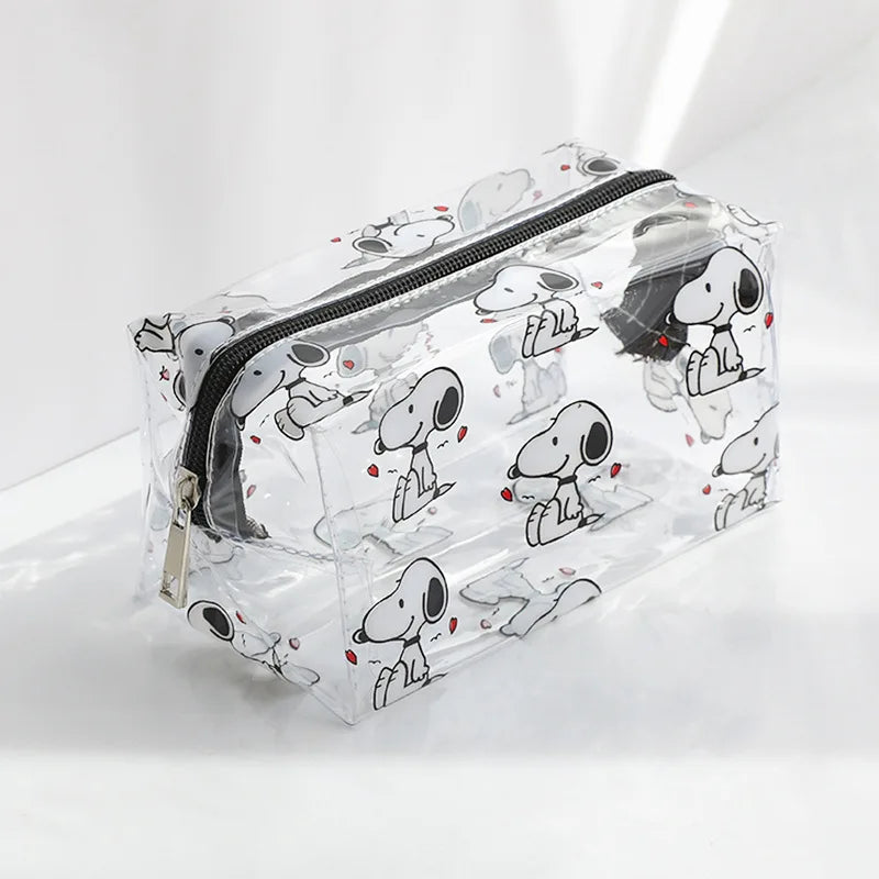 Bolsa de maquiagem feminina Snoopy Outdoor Girl, necessaire transparente, organizadora de viagem, desenho animado, fashion, pequena bolsa para itens de higiene pessoal