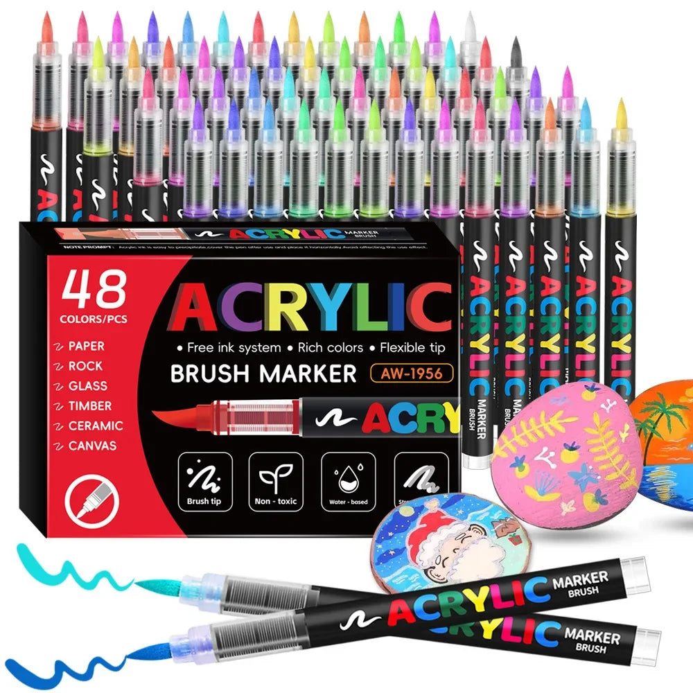 Conjunto de canetas marcadoras acrílicas coloridas, 12 a 48 cores, à prova d'água, para scrapbook, faça você mesmo, ponta de pincel, desenho, tinta, marcador, arte, material escolar, papelaria