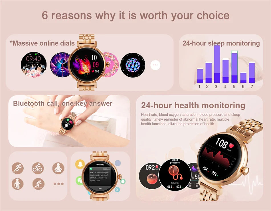 Relógio inteligente feminino moderno com tela AMOLED de 1,04 polegadas, tela sempre exibida, chamada Bluetooth, corpo de metal, tela pequena